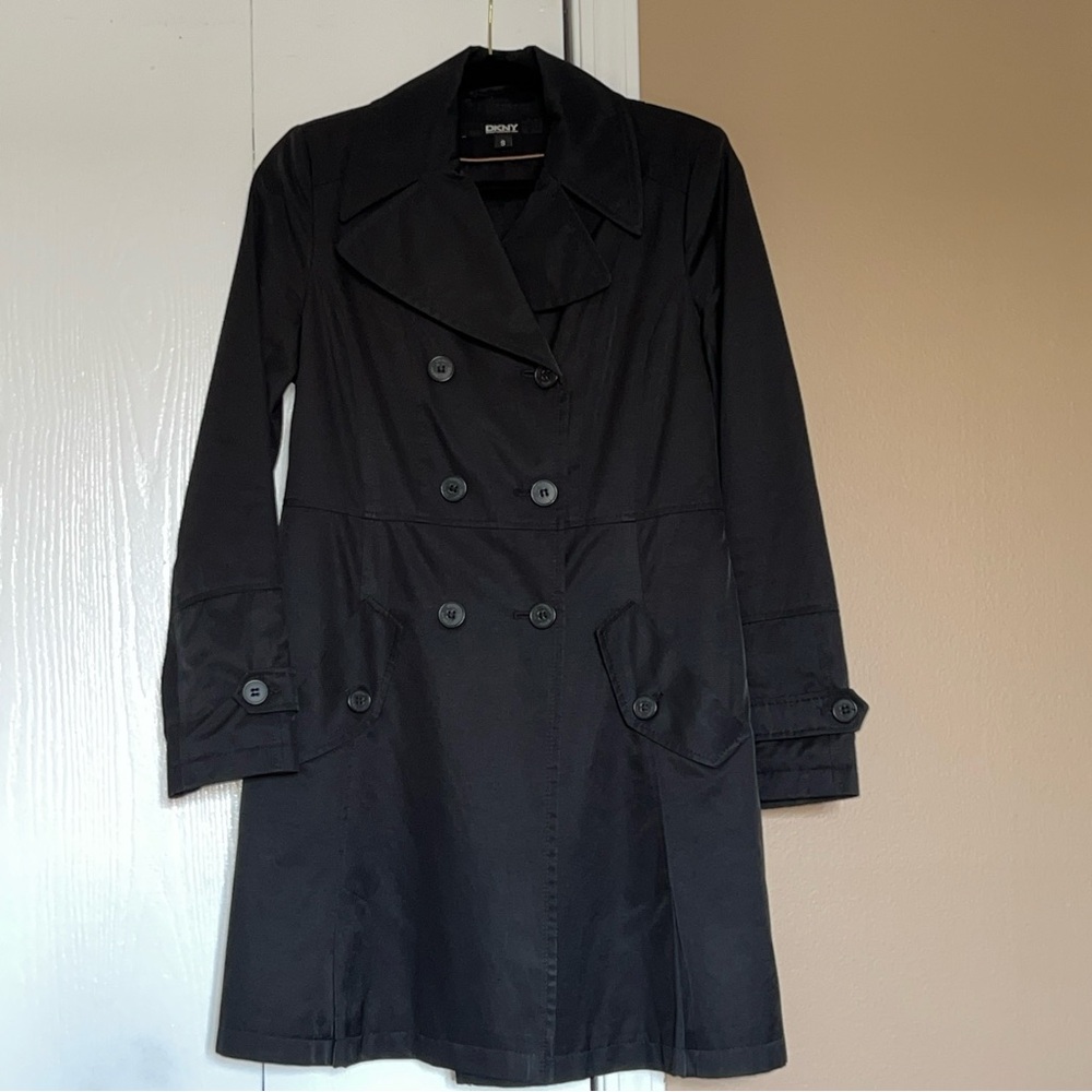DKNY Black Trench Coat with Wide Lapel Collar